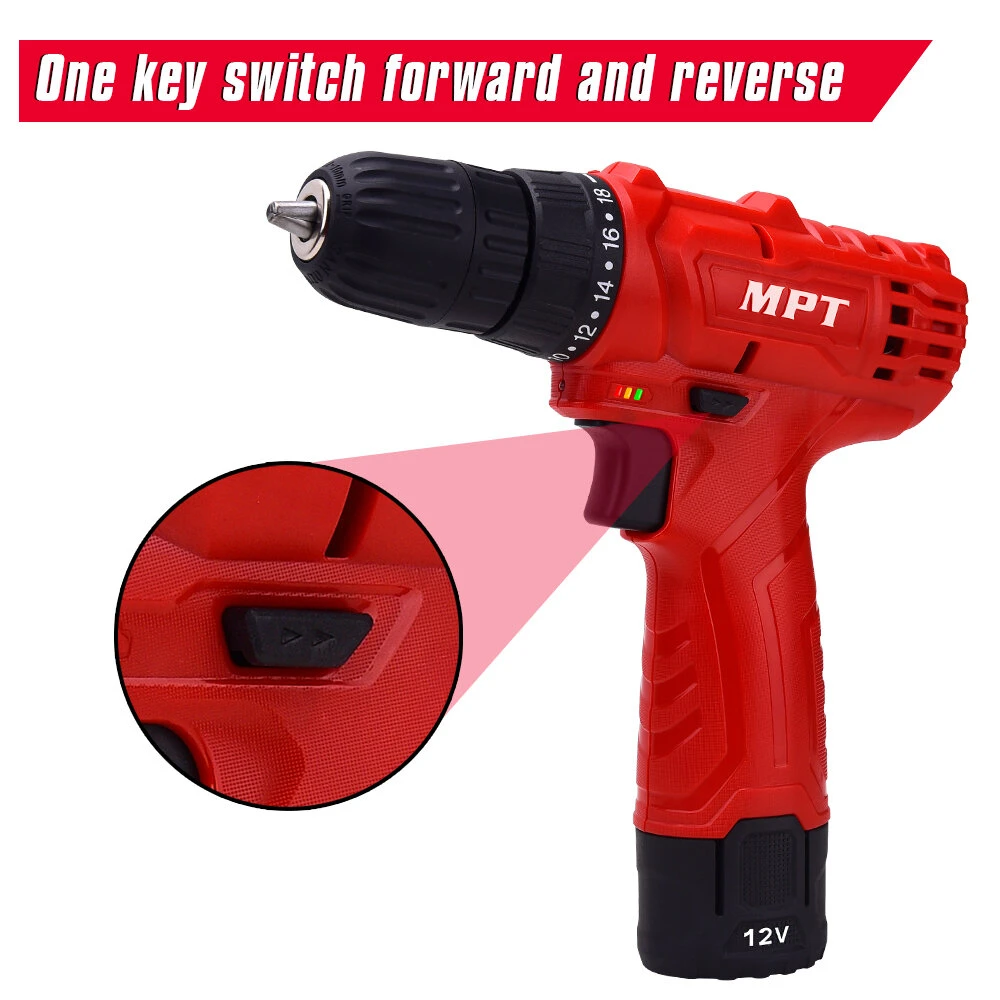 MPT 12V Rechargable Li-ion Cordless Drill Power Dirll 18+1 Torque Cordless Electric Drill Set LED Lighting Screw Driver Tool With 1 Battery & Charger 4 MPT 12V Rechargable Li-ion Cordless Drill Power Dirll 18+1 Torque Cordless Electric Drill Set LED Lighting Screw Driver Tool With 1 Battery & Charger - Image 2