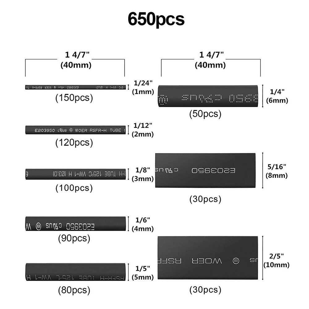 650pcs Heat Shrink Tubing Black Ratio 2:1 Insulation Protection Flame Retardant Heat Shrink Sleeving Wrap Car Electrical Cable Wire Kit Set In A Clear Plastic Box 8 Size 5 650pcs Heat Shrink Tubing Black Ratio 2:1 Insulation Protection Flame Retardant Heat Shrink Sleeving Wrap Car Electrical Cable Wire Kit Set In A Clear Plastic Box 8 Size - Image 3