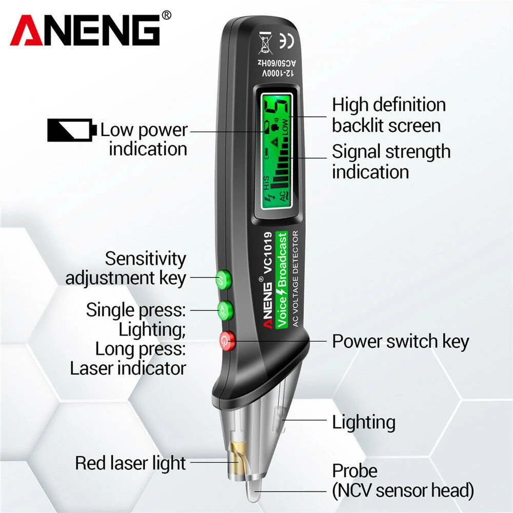 ANENG VC1019 Red Laser Test Pen Voice Broadcast Voltage Detector 12-1000V Volt Current Non-Contact Pen Electric Teste Meter Tool 6 ANENG VC1019 Red Laser Test Pen Voice Broadcast Voltage Detector 12-1000V Volt Current Non-Contact Pen Electric Teste Meter Tool - Image 4