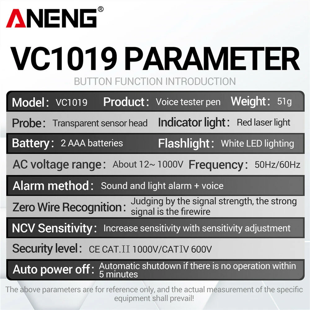 ANENG VC1019 Red Laser Test Pen Voice Broadcast Voltage Detector 12-1000V Volt Current Non-Contact Pen Electric Teste Meter Tool 8 ANENG VC1019 Red Laser Test Pen Voice Broadcast Voltage Detector 12-1000V Volt Current Non-Contact Pen Electric Teste Meter Tool - Image 6