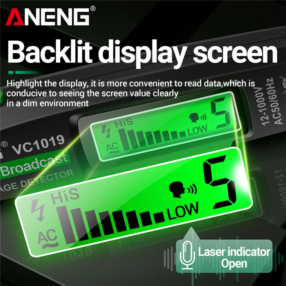 ANENG VC1019 Red Laser Test Pen Voice Broadcast Voltage Detector 12-1000V Volt Current Non-Contact Pen Electric Teste Meter Tool 5 ANENG VC1019 Red Laser Test Pen Voice Broadcast Voltage Detector 12-1000V Volt Current Non-Contact Pen Electric Teste Meter Tool - Image 3