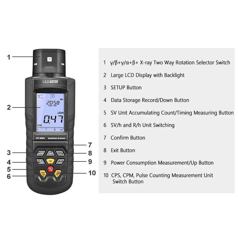 CEM DT-9501 Digital Radiation Scanner Reactor Nuclear Geiger Counter Test α β γ X-ray Testing Meter Radiate Inspection Radioactive Tester 12 CEM DT-9501 Digital Radiation Scanner Reactor Nuclear Geiger Counter Test α β γ X-ray Testing Meter Radiate Inspection Radioactive Tester - Image 10
